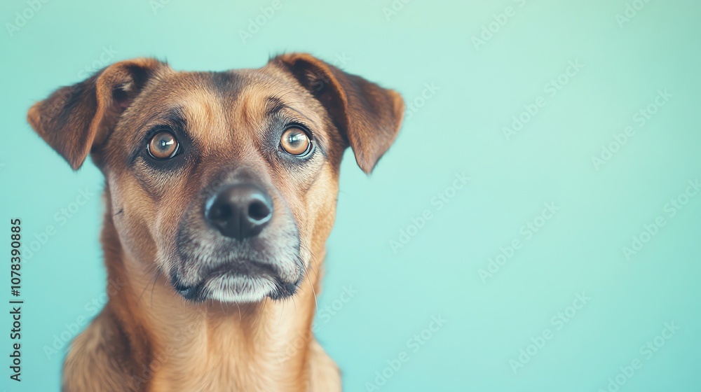 A dog with brown and black fur stares directly at the camera. A dog with brown and black fur stares directly at the camera.
