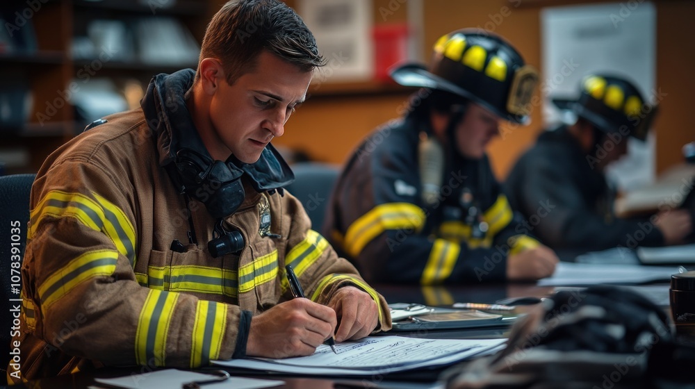 Firefighters write incident reports after completing their mission in the office with protective gear next to them. Firefighters write incident reports after completing their mission in the office with protective gear next to them.