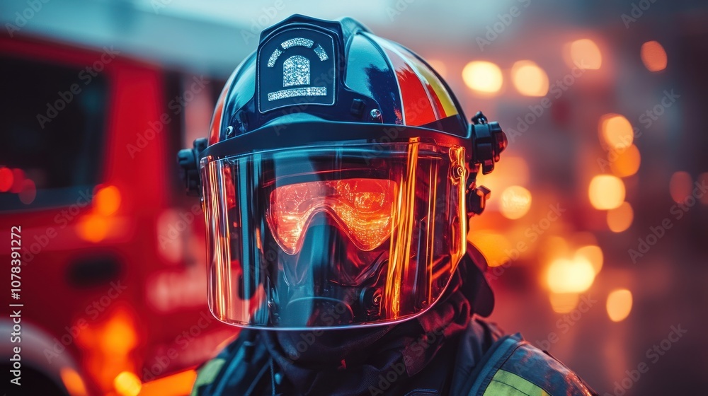 Focused shot of a firefighter's helmet with face protection from light and heat, placed on a fire truck at the ready Focused shot of a firefighter's helmet with face protection from light and heat, placed on a fire truck at the ready