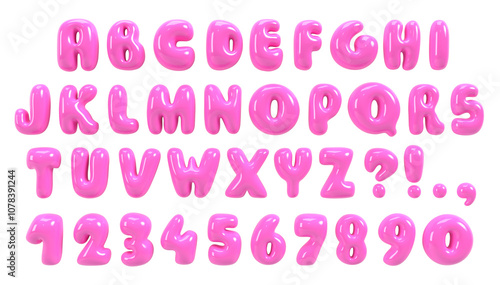 Bold bubble font. Pink plastic typescript. Y2K alphabet. Groovy letters and numbers. Three-dimensional round typeface isolated on transparent background
