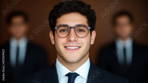 Confident Leader: Portrait of a young businessman in a suit with a confident smile, standing in front of a blurred background of his team. The image exudes professionalism and success.