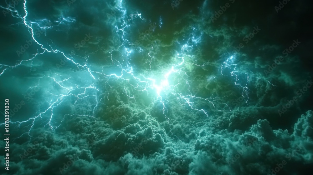Intense thunderstorm with multiple lightning bolts flashing in the sky, electric blue sparks against the backdrop of a green screen. Intense thunderstorm with multiple lightning bolts flashing in the sky, electric blue sparks against the backdrop of a green screen.