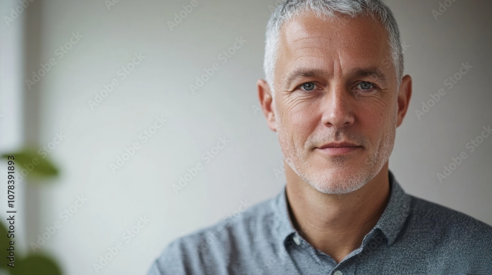 Fototapeta premium Student participating in digital meeting middle-aged white man with short gray hair bright room clean background copy space
