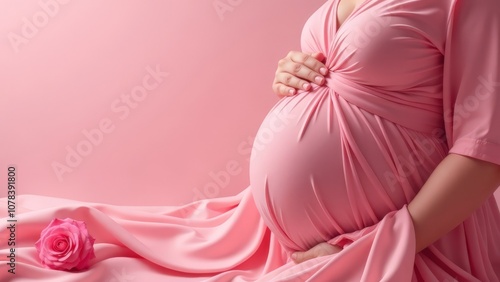 Pregnant woman in a silk pink dress.