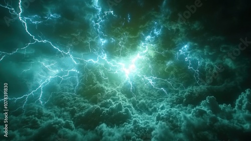 Intense thunderstorm with multiple lightning bolts flashing in the sky, electric blue sparks against the backdrop of a green screen.