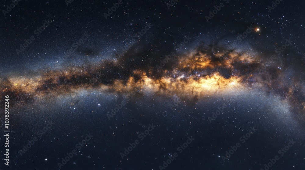 Milky Way galaxy standing out against the dark night sky, with stars glowing in clusters along its radiant path. Milky Way galaxy standing out against the dark night sky, with stars glowing in clusters along its radiant path.