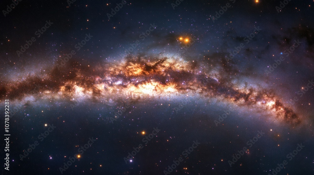 Milky Way galaxy standing out against the dark night sky, with stars glowing in clusters along its radiant path. Milky Way galaxy standing out against the dark night sky, with stars glowing in clusters along its radiant path.