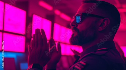 Neon Dreams: A man in sunglasses, bathed in vibrant neon pink and blue light, stands in contemplation, hands clasped in prayer or reflection. The image evokes a sense of mystery and urban coolness. 