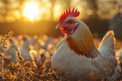 Factorial photograph of white chickens in the backyard on a sunny day.