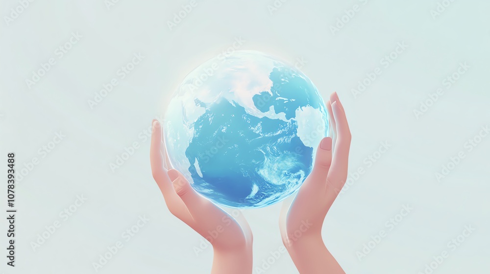 Lifelike rendering of hands gently supporting a radiant blue Earth with continents defined soft surrounding light minimalist white-to-blue background Lifelike rendering of hands gently supporting a radiant blue Earth with continents defined soft surrounding light minimalist white-to-blue background