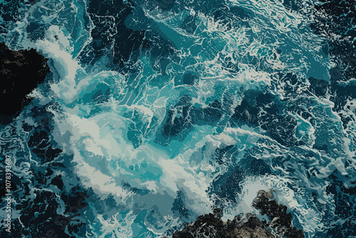 Ocean water background with foam. Ocean water splash. Not a calm Aerial view of rough ocean with waves and volcanic beach, porto Moniz Madeira, Portugal