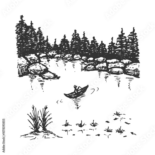 Hand-drawn nature sketch, pine tree forest and a lake with a person canoeing.