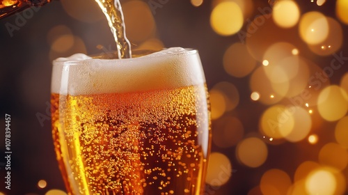 Wallpaper Mural Beer being poured into a glass, with a close-up on the cascading bubbles and bokeh lights providing a warm, festive background. Torontodigital.ca