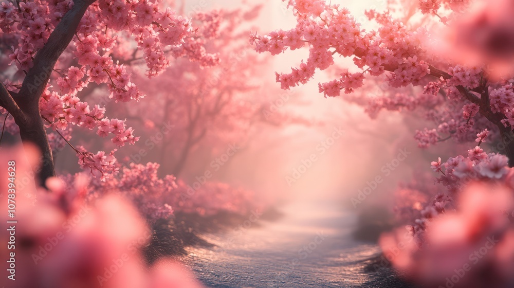 A path through a magical cherry blossom forest bathed in warm, ethereal light. A path through a magical cherry blossom forest bathed in warm, ethereal light.