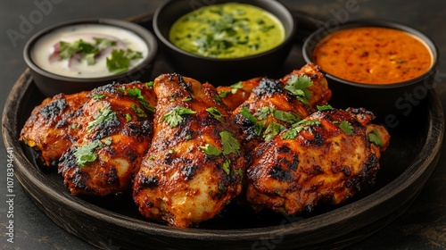 Roasted chicken legs with dipping sauces on a black plate.