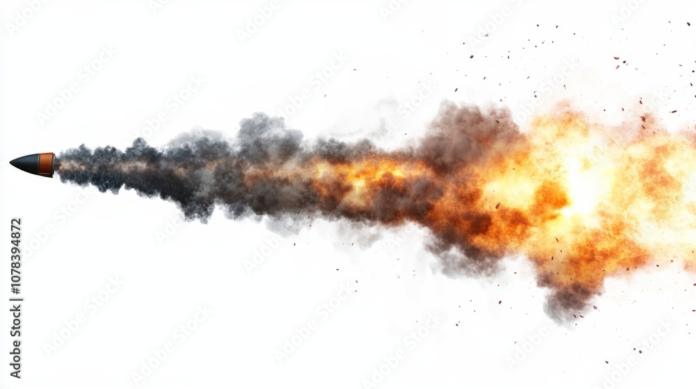 Fototapeta premium Dramatic rocket launch with intense fire and smoke trails, showcasing a powerful ascent, isolated on white