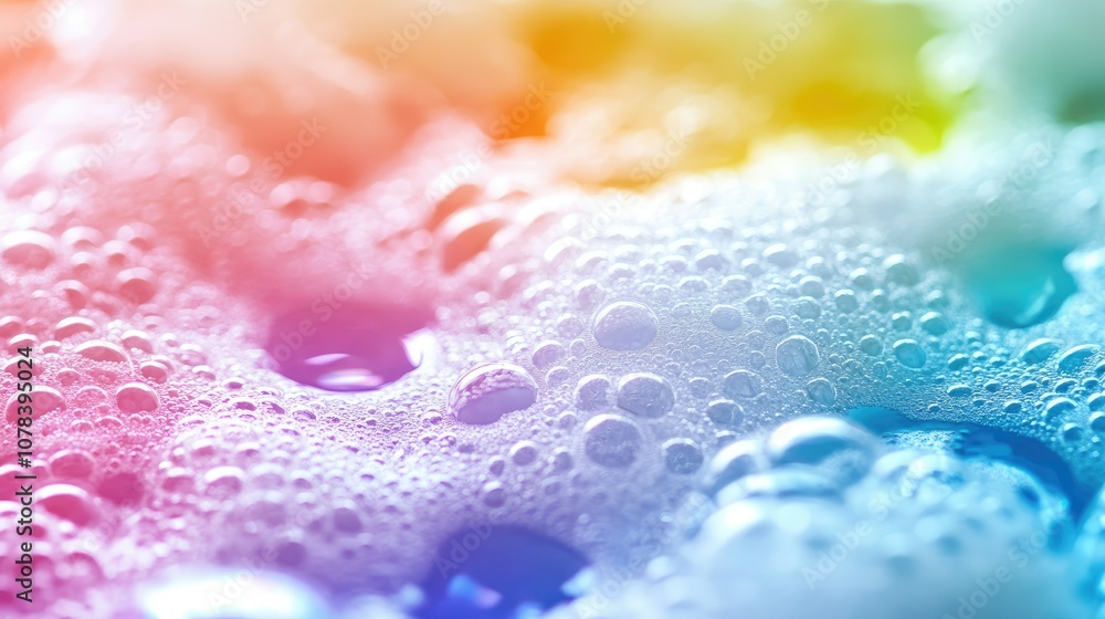 Macro view of detergent bubbles on water, highlighting the bubble texture and rainbow colors. Bright, fresh, and clean Macro view of detergent bubbles on water, highlighting the bubble texture and rainbow colors. Bright, fresh, and clean