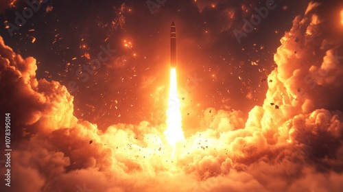 Dramatic rocket launch with vibrant flames and smoke trail against a bright background