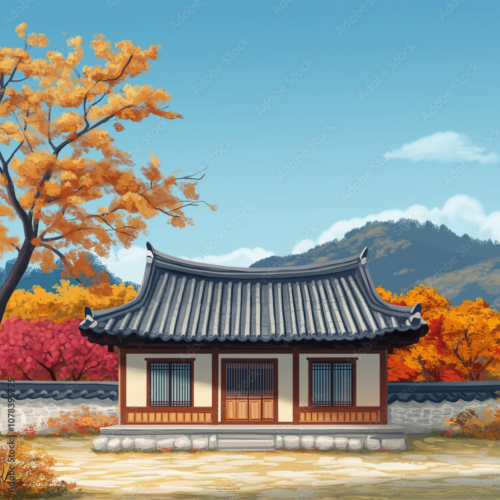 korean garden in autumn, Autumn Hanok scene, traditional Korean house korean garden in autumn, Autumn Hanok scene, traditional Korean house