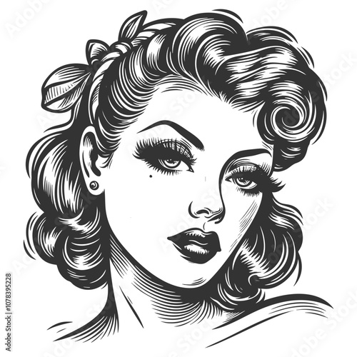 pin-up woman with glamorous makeup, expressive eyes, styled hair. Ideal for retro, beauty, or fashion themes sketch engraving generative ai vector illustration. Scratch board. Black and white image