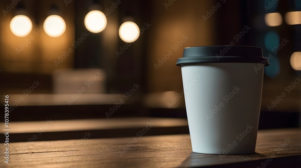 Blank empty white disposable coffee cup mockup on luminous cafe table, caffeine beverage drink on night cozy relaxed ambience Blank empty white disposable coffee cup mockup on luminous cafe table, caffeine beverage drink on night cozy relaxed ambience