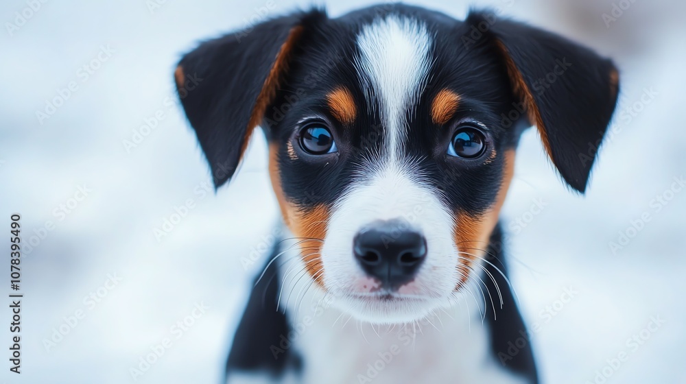 A cute puppy with big brown and white fur and blue eyes looks directly at the camera. A cute puppy with big brown and white fur and blue eyes looks directly at the camera.