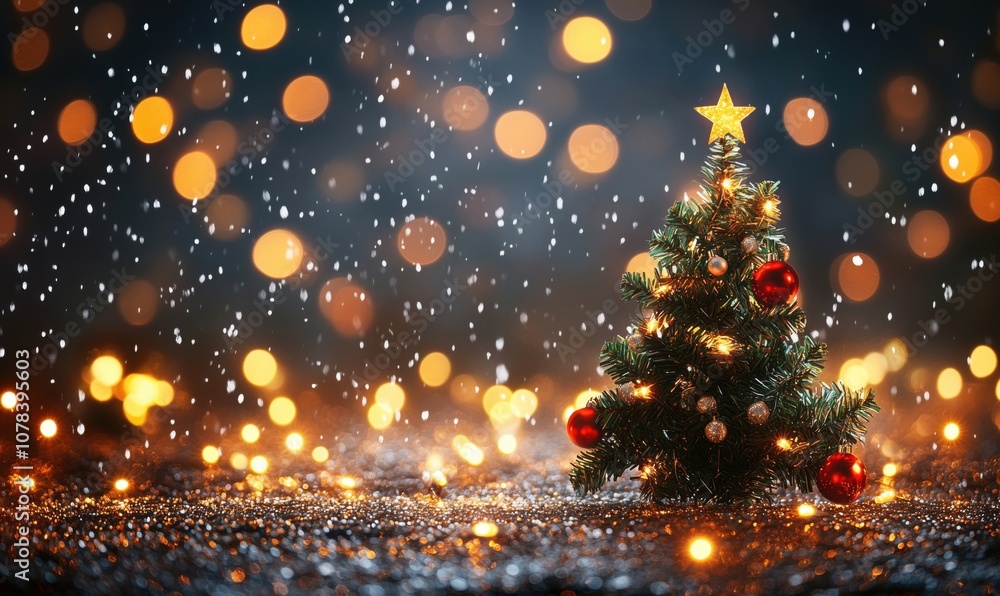 Christmas tree with decorations, glowing lights, snowflakes falling Christmas tree with decorations, glowing lights, snowflakes falling