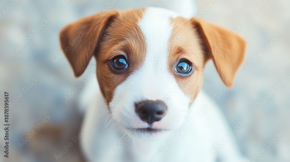 A cute puppy with big brown and white fur and blue eyes looks directly at the camera. A cute puppy with big brown and white fur and blue eyes looks directly at the camera.
