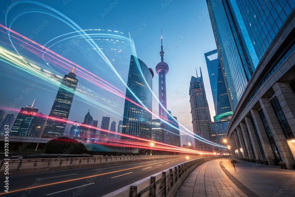 Fototapeta premium Abstract Technology Data Stream with Light and Speed: A Futuristic Architectural Visualization of Dynamic Energy Flow in a Digital World