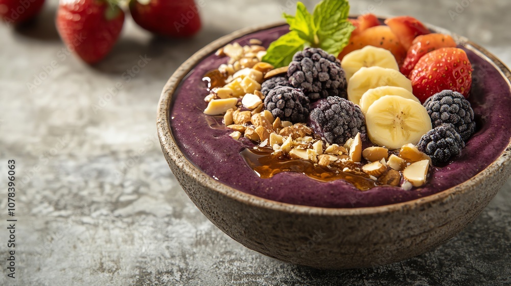 Açaà bowl with pineapple, blueberries, raspberries, and nuts. Açaà bowl with pineapple, blueberries, raspberries, and nuts.