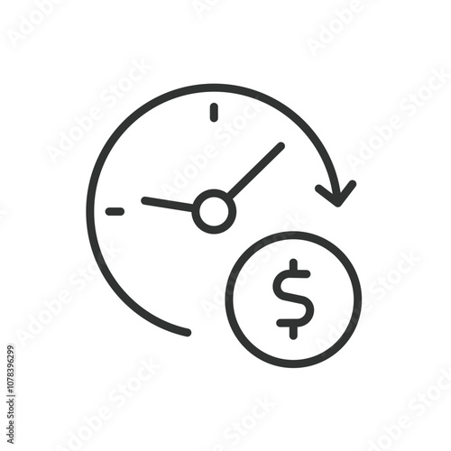 Time is money, icon in line design. Time, money, clock, value, savings, financial, watch on white background vector. Time is money editable stroke icon