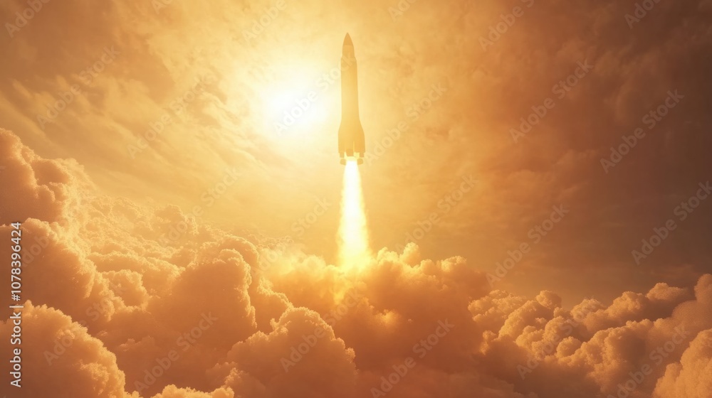 Obraz premium Powerful rocket launch with glowing flames and dense smoke trail, isolated against a bright sky
