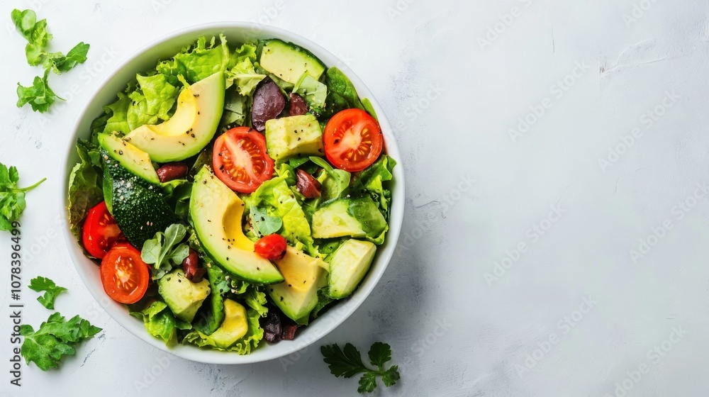 Vegan salad with avocado bright background clean layout copy space Vegan salad with avocado bright background clean layout copy space