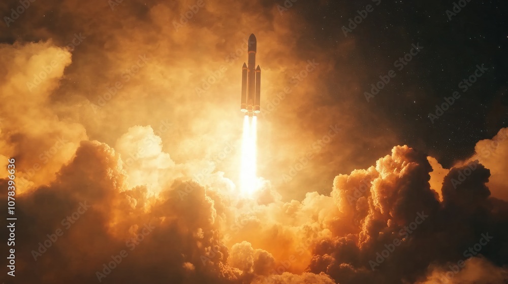 Obraz premium Powerful rocket liftoff with glowing flames and dense smoke plume, set against a bright background