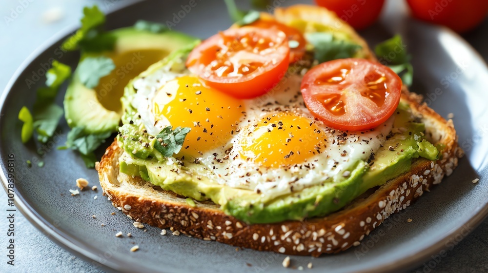 Avocado toast with fried eggs. Avocado toast with fried eggs.