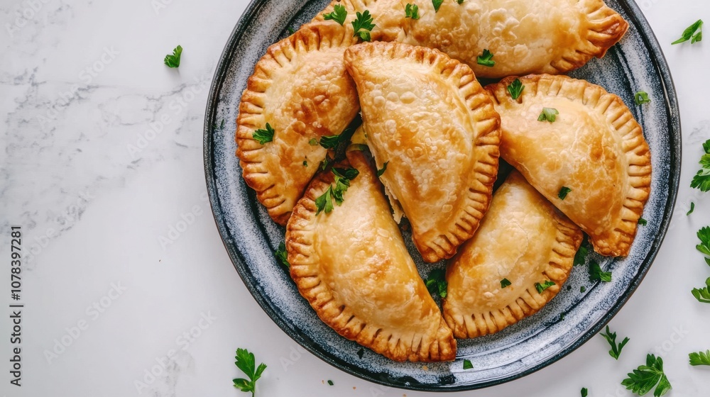 Plate of vegan empanadas bright background clean layout copy space Plate of vegan empanadas bright background clean layout copy space
