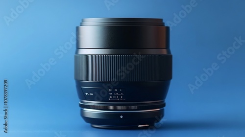 Black camera lens on blue background. photo