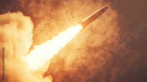 Rocket ignition with thick smoke trail and bright fire, rising into a clear sky background