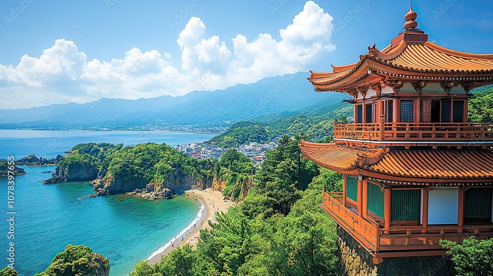 Obraz premium picturesque japanese seaside town traditional japanese architecture lush green hills bright blue sky with fluffy clouds