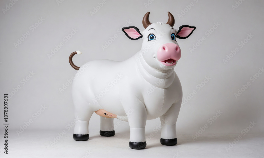 A white inflatable cow stands against a white backdrop