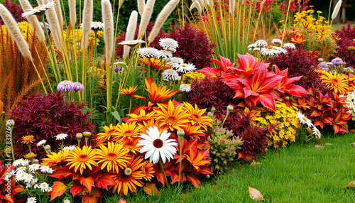 A beautiful fall (autumn) garden that includes flowers, seedheads, and foliage of perennials, grasses, and woody plants, with lawn; copy space
 photo