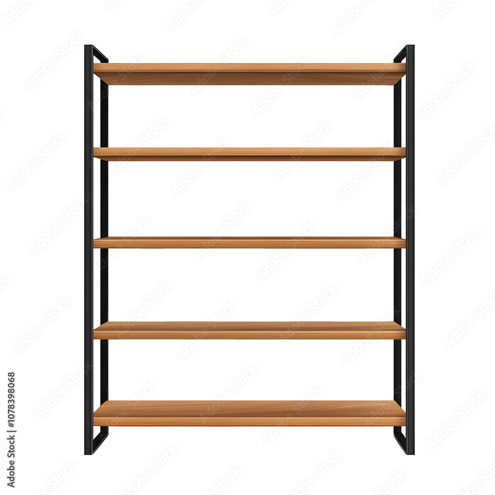 Stylish bookshelf with metal frame and wooden shelves, perfect for storage and display. isolated white background.