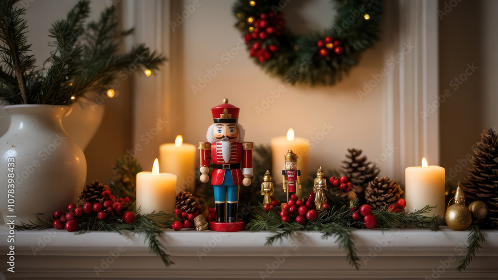 christmas atmosphere with candles and decorations on the fireplace christmas atmosphere with candles and decorations on the fireplace