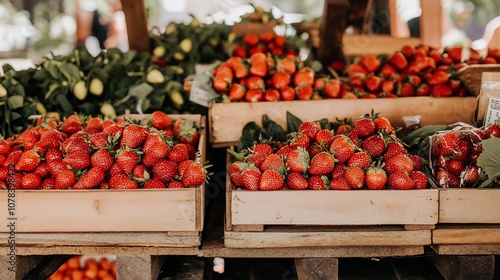 Fresh, red strawberries in wooden crates at a local farmers market.