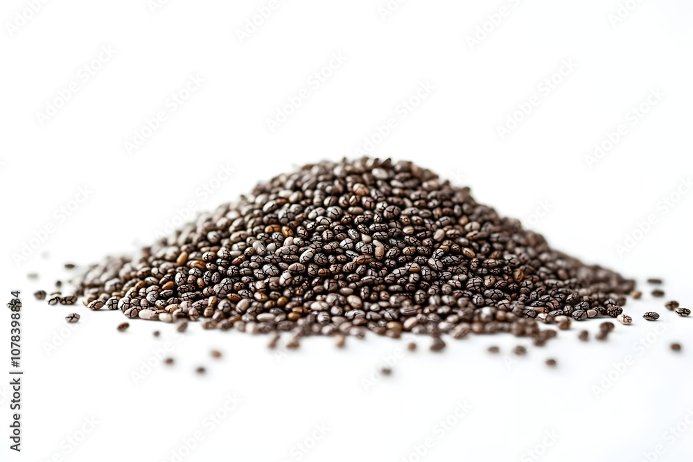 Chia Seeds Pile Isolated on White Background with Copy Space. Healthy Food Concept Chia Seeds Pile Isolated on White Background with Copy Space. Healthy Food Concept