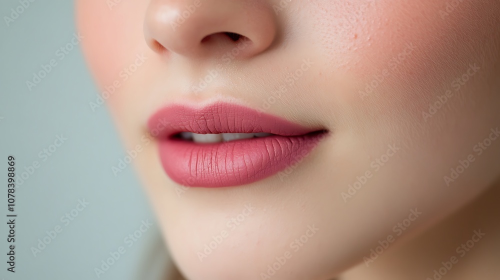 Velvet pink lips with matte finish and soft, smooth texture Velvet pink lips with matte finish and soft, smooth texture