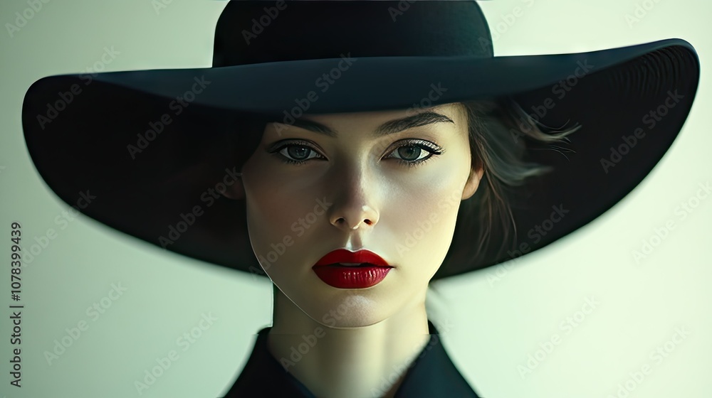 Mysterious young woman in a wide-brimmed black hat, her red lips adding bold contrast to her look. Mysterious young woman in a wide-brimmed black hat, her red lips adding bold contrast to her look.