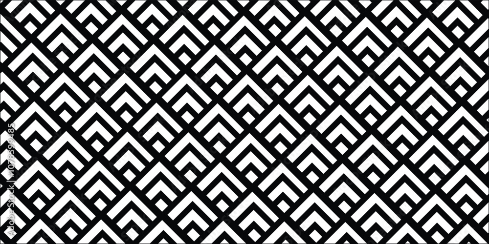 Seamless Chinese window tracery pattern design. Repeated white rhombuses and angle brackets on black background. Scallop ornament. Image with scales. Ancient japanese scallops motif. Squama. Vector Seamless Chinese window tracery pattern design. Repeated white rhombuses and angle brackets on black background. Scallop ornament. Image with scales. Ancient japanese scallops motif. Squama. Vector