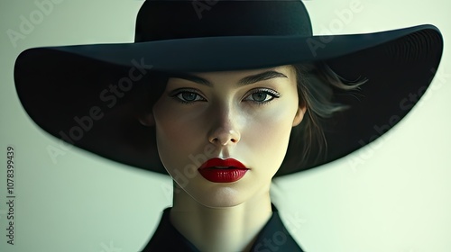 Mysterious young woman in a wide-brimmed black hat, her red lips adding bold contrast to her look.