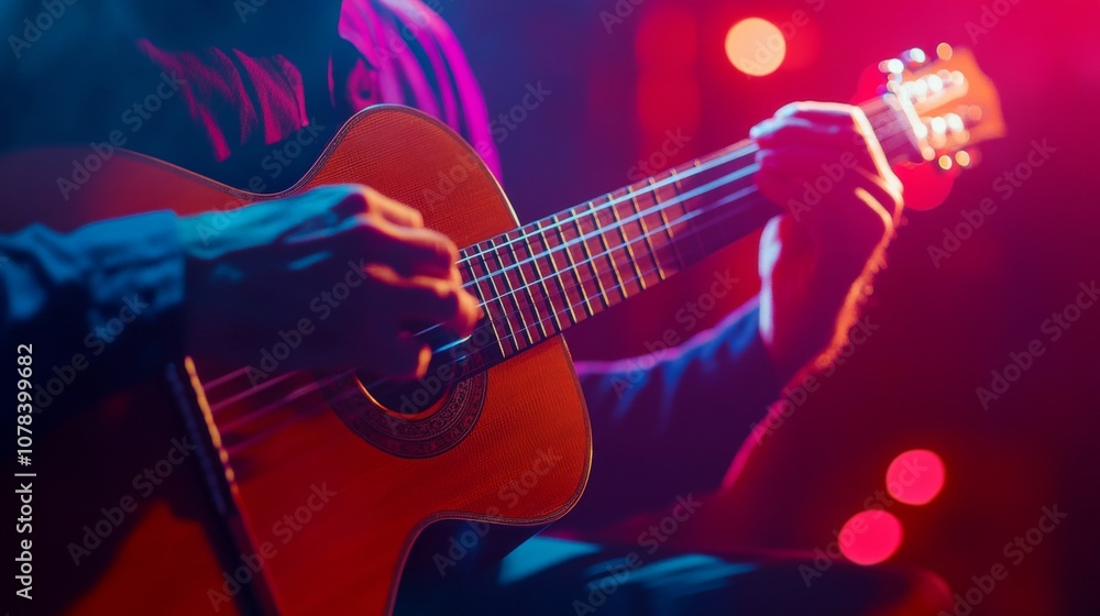 Obraz premium A musician passionately plays the guitar in a vibrant setting. Colorful lights enhance the mood. This moment captures the essence of creativity and joy. Generative AI